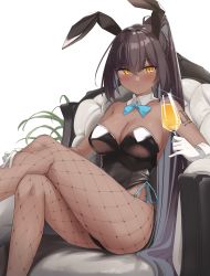 Rule 34 | 1girl, absurdres, animal ears, aqua bow, aqua bowtie, arm tattoo, armchair, black hair, black leotard, blue archive, blush, bow, bowtie, breasts, chair, chizu sasami, cleavage, closed mouth, commentary, crossed legs, cup, curvy, dark-skinned female, dark skin, detached collar, drinking glass, fake animal ears, feet out of frame, fishnet pantyhose, fishnets, hair between eyes, hand on own leg, highres, holding, holding cup, karin (blue archive), karin (bunny) (blue archive), large breasts, leotard, long hair, looking at viewer, pantyhose, playboy bunny, ponytail, rabbit ears, shiny clothes, shiny skin, simple background, sitting, solo, strapless, strapless leotard, tattoo, thong leotard, traditional bowtie, very long hair, white background, wide hips, yellow eyes