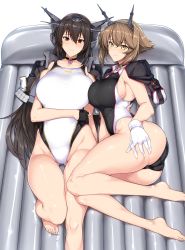 Rule 34 | 2girls, ass, black gloves, black hair, blush, breasts, brown hair, closed mouth, collarbone, commentary request, competition swimsuit, gloves, green eyes, hair between eyes, halcon, headgear, highres, kantai collection, large breasts, long hair, looking at viewer, lying, multiple girls, mutsu (kancolle), nagato (kancolle), on back, on side, one-piece swimsuit, red eyes, short hair, sideboob, swimsuit, white gloves