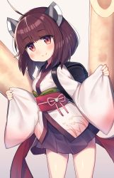 Rule 34 | 1girl, ahoge, backpack, bag, blush, breasts, brown eyes, brown hair, closed mouth, commentary request, headgear, highres, japanese clothes, kimono, leaning forward, long sleeves, obi, pinching sleeves, pleated skirt, purple skirt, randoseru, sash, short kimono, skirt, sleeves past wrists, small breasts, smile, solo, standing, touhoku kiritan, voiceroid, wagashi928, white kimono, wide sleeves
