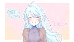 Rule 34 | 1girl, azura cecillia, black sweater, blue hair, blush, brown jacket, commentary, dated, english commentary, floating hair, heart, highres, indy (vitamindyc), jacket, jewelry, multicolored hair, necklace, nijisanji, nijisanji id, parted lips, pink hair, portrait, smile, solo, streaked hair, sweater, virtual youtuber