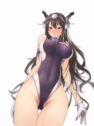 Rule 34 | 10s, 1girl, alternate costume, bare shoulders, black hair, blush, breasts, closed mouth, collar, commentary request, competition swimsuit, covered erect nipples, embarrassed, eyebrows, gingami (giluziru), gloves, hair between eyes, headgear, kantai collection, large breasts, long hair, looking at viewer, nagato (kancolle), navel, one-piece swimsuit, red eyes, shiny clothes, solo, swimsuit, very long hair, white gloves