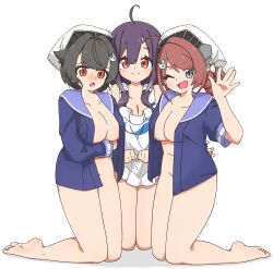 Rule 34 | 3girls, absurdres, ahoge, animal print, apron, bandana, barefoot, black hair, blue sailor collar, blue shirt, braid, braided hair rings, breasts, brown hair, chougei (kancolle), cleavage, fish print, full body, grey eyes, hair flaps, hair ornament, hair over shoulder, hair rings, headgear, highres, jingei (kancolle), kantai collection, large breasts, long hair, looking at viewer, low twintails, multiple girls, nairo, naked apron, no panties, open clothes, open mouth, open shirt, purple hair, red eyes, sailor collar, sailor shirt, shirt, simple background, taigei (kancolle), twin braids, twintails, waving, whale hair ornament, whale print, white apron, white background, white bandana