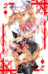 Rule 34 | 2girls, blonde hair, bow, bowtie, card, card (medium), cherry blossoms, dress, dual persona, hat, highres, lily black, lily white, long hair, multiple girls, petals, playing card, red eyes, rotational symmetry, simple background, smile, touhou, yoiti