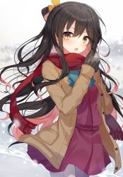 Rule 34 | 1girl, :o, black gloves, black hair, blush, breat, brown jacket, cowboy shot, day, dress, fang, fringe trim, front-seamed legwear, gloves, grey pantyhose, hair between eyes, hair ribbon, hiiragi souren, jacket, kantai collection, long hair, long sleeves, motion blur, multicolored eyes, naganami (kancolle), open clothes, open jacket, open mouth, outdoors, own hands together, pantyhose, pink hair, purple dress, purple eyes, red scarf, ribbon, scarf, seamed legwear, sleeves past wrists, snowing, solo, standing, unbuttoned, very long hair, wavy hair, winter, yellow eyes, yellow ribbon