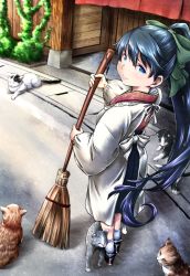 Rule 34 | 10s, 1girl, animal, apron, blue eyes, blue hair, broom, cat, from above, hair between eyes, hakama, hakama skirt, high ponytail, houshou (kancolle), japanese clothes, kantai collection, kappougi, light smile, lips, long hair, looking at viewer, outdoors, perspective, plant, platform clogs, ponytail, revision, road, skirt, solo, standing, street, sweeping, wooden wall, yuzu momo