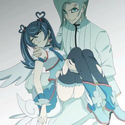 1boy 1girl angel_wings artist_request black_thighhighs blue_angel_(yu-gi-oh!) blue_dress blue_eyes blue_footwear blue_necktie carrying closed_eyes corset dress dress_shirt facing_to_the_side grin hair_ornament hand_on_another&#039;s_leg hand_on_another&#039;s_shoulder heart heart_hair_ornament jacket kneeling knees_up looking_at_viewer lowres necktie on_ground open_clothes open_jacket panties pantyshot parted_hair princess_carry scrunchie shirt smile source_request spectre_(yu-gi-oh!) thighhighs torn_clothes twintails unconscious underwear white_background white_corset white_hair white_jacket white_panties white_shirt white_wings wings wrist_scrunchie yu-gi-oh! yu-gi-oh!_vrains zaizen_aoi