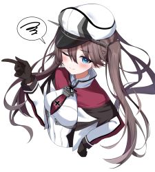 Rule 34 | 1girl, alternate costume, black gloves, blue eyes, blush, breasts, capelet, commentary request, cosplay, cropped torso, gloves, graf zeppelin (kancolle), graf zeppelin (kancolle) (cosplay), hair between eyes, hat, houshou (kancolle), kantai collection, long hair, long sleeves, looking at viewer, military, military uniform, one eye closed, peaked cap, sazamiso rx, simple background, solo, spoken squiggle, squiggle, striped, twintails, uniform, upper body, white background, white hat