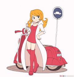 Rule 34 | 1girl, absurdres, artist name, black eyes, boots, coat, dress, hands on own hips, highres, keetydraws, knee boots, long coat, long hair, mona (warioware), motor vehicle, nintendo, open clothes, open coat, orange hair, red dress, red footwear, scooter, short dress, simple background, smile, warioware, white background, white coat