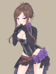Rule 34 | 1girl, artist request, black dress, black gloves, blush, bow, breasts, brown hair, cleavage, commentary request, cowboy shot, dorothy (princess principal), dress, frills, gloves, highres, long hair, looking at viewer, medium breasts, princess principal, purple eyes, simple background, smile, solo, standing
