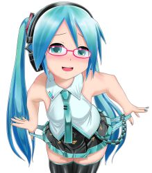 Rule 34 | 00s, 1girl, absurdres, aqua eyes, aqua hair, bespectacled, blush, glasses, hatsune miku, headphones, highres, kazu-chan, long hair, looking at viewer, matching hair/eyes, nail polish, necktie, open mouth, panties, pleated skirt, skirt, solo, standing, striped clothes, striped panties, thighhighs, transparent background, twintails, underwear, very long hair, vocaloid