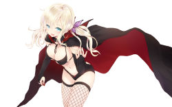 Rule 34 | 10s, 1girl, alternate costume, alternate hairstyle, aqua eyes, bikini, black bikini, black thighhighs, blonde hair, blush, boku wa tomodachi ga sukunai, breasts, bridal gauntlets, butterfly hair ornament, cait aron, cape, cleavage, fang, female focus, fishnet thighhighs, fishnets, hair ornament, highres, kashiwazaki sena, large breasts, long hair, low twintails, open mouth, plectrum, simple background, smile, solo, swimsuit, thighhighs, twintails