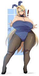Rule 34 | !, 1girl, animal ears, bare shoulders, blonde hair, breasts, bursting breasts, cleavage, coffeeslice, detached collar, double v, fake animal ears, full body, glasses, green eyes, half-closed eyes, high heels, highres, huge breasts, leotard, long hair, looking at viewer, original, pantyhose, playboy bunny, rabbit ears, shiny skin, standing, strapless, thick thighs, thighs, v, wide hips