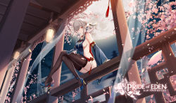 Rule 34 | 1girl, arm support, braid, breasts, closed mouth, clouble, detached sleeves, grey hair, hair ornament, high heels, highres, long hair, looking at viewer, medium breasts, no panties, official art, petals, red: pride of eden, red eyes, shaw (pride of eden), shoe dangle, side-tie costume, sideboob, sidelocks, sitting, slit pupils, solo, thighhighs, thighs