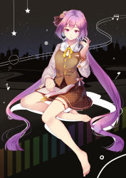 Rule 34 | 1girl, bare legs, barefoot, book, bookmark, brown skirt, buttons, city, closed mouth, commentary request, fingernails, fortissimo, full body, hair ornament, hair ribbon, hand up, headphones, headphones around neck, highres, long hair, long sleeves, looking at viewer, miniskirt, musical note, musical note hair ornament, night, night sky, outdoors, pink eyes, purple hair, ribbon, sitting, skirt, sky, smile, solo, star (sky), starry sky, toenails, touhou, tsukumo benben, twintails, very long hair, vest, wristband, yetworldview kaze