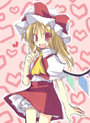 Rule 34 | 1girl, ascot, bat wings, blonde hair, cowboy shot, fang, female focus, finger to cheek, flandre scarlet, hat, hat ribbon, heart, index finger raised, looking at viewer, mob cap, open mouth, red eyes, red ribbon, red skirt, ribbon, satou kibi, side ponytail, simple background, sketch, skirt, skirt set, slit pupils, smile, solo, standing, touhou, vest, wings