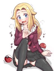 Rule 34 | 1girl, absurdres, artist request, belly, blonde hair, blue eyes, blush, creatures (company), eyebrows, game freak, highres, jacket, lass (pokemon), long hair, nintendo, open mouth, panties, poke ball, pokemon, pokemon swsh, shirt, simple background, skirt, solo, source request, stomach, underwear, white background