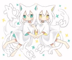 Rule 34 | 2girls, animal ears, aqua eyes, barefoot, blush, cat, cat ears, cat girl, cat tail, closed mouth, dress, full body, highres, long hair, looking at viewer, matcha ore p, multiple girls, original, parted lips, simple background, tail, very long hair, white background, white cat, white dress, white hair, yellow eyes