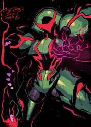 Rule 34 | 1girl, absurdres, arm cannon, black background, character name, claws, cowboy shot, glowing, glowing hand, helmet, highres, jaggy lines, metroid, metroid dread, metroid suit, nintendo, power suit, rariatto (ganguri), samus aran, shoulder spikes, solo, spikes, spoilers, weapon