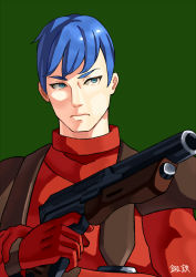 Rule 34 | 1boy, blue eyes, blue hair, chirico cuvie, green background, gun, holding, holding gun, holding weapon, male focus, military, pilot suit, redesign, simple background, solo, soukou kihei votoms, tantetsu, weapon