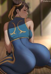 Rule 34 | 1girl, artist name, ass, bare shoulders, blue unitard, blurry, blurry background, bracelet, breasts, brown eyes, brown hair, capcom, chun-li, closed mouth, commentary, hair bun, highres, indoors, jewelry, looking at viewer, looking back, medium breasts, oroborus, signature, simple background, sitting, skin tight, sleeveless, solo, street fighter, street fighter zero (series), striped, unitard, vertical stripes, wariza, wooden floor