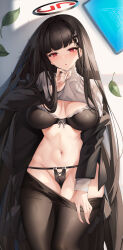 Rule 34 | 1girl, :o, black bra, black hair, black halo, black jacket, black panties, black pantyhose, blue archive, blush, bra, breasts, clothes pull, commentary request, halo, highres, jacket, large breasts, leaf, long hair, long sleeves, looking at viewer, lying, navel, o-yatsu, on back, on table, open clothes, open jacket, open mouth, panties, pantyhose, pantyhose pull, red eyes, ribbed sweater, rio (blue archive), solo, stomach, sweater, table, tablet pc, turtleneck, turtleneck sweater, underwear, white sweater
