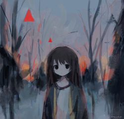 Rule 34 | !, 1girl, brown hair, closed mouth, grey jacket, highres, jacket, long hair, looking at viewer, multicolored background, original, red eyes, shirt, signature, solo, tabmur, white shirt