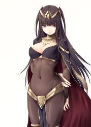 Rule 34 | 1girl, bad id, bad nicoseiga id, black hair, bodysuit, bracelet, breasts, bridal gauntlets, cape, cleavage, covered erect nipples, female focus, fire emblem, fire emblem awakening, jewelry, kirishima satoshi, large breasts, long hair, nintendo, purple eyes, simple background, solo, tharja (fire emblem), tiara, two side up, very long hair, white background