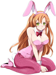 Rule 34 | 1girl, animal ears, bare shoulders, blush, bow, bowtie, breasts, brown hair, cleavage, code geass, cosplay, detached collar, embarrassed, fake animal ears, fake tail, female focus, fishnet pantyhose, fishnets, green eyes, high heels, kneeling, large breasts, leotard, long hair, looking at viewer, pantyhose, pink pantyhose, playboy bunny, rabbit ears, rabbit tail, shirley fenette, simple background, solo, tail, tears, wrist cuffs