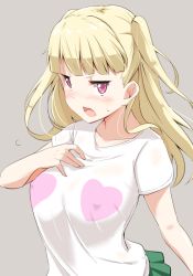 Rule 34 | 1girl, bad id, bad twitter id, blonde hair, blush, breasts, covered erect nipples, heart, kichihachi, long hair, open mouth, pink eyes, shirt, simple background, skirt, solo, sweatdrop, t-shirt, tokyo 7th sisters, two side up, uesugi u. kyouko, upper body