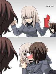 Rule 34 | 2koma, 3girls, akaboshi koume, arm grab, black skirt, blue eyes, blurry, blurry foreground, blush, brown eyes, brown hair, closed mouth, comic, commentary, constricted pupils, depth of field, dress shirt, food, food in mouth, girls und panzer, grey shirt, half-closed eyes, holding, insignia, itsumi erika, kamishima kanon, kiss, kuromorimine school uniform, leaning back, leaning forward, long sleeves, looking at another, medium hair, miniskirt, mouth hold, multiple girls, nishizumi maho, no mouth, one-hour drawing challenge, pleated skirt, pocky, school uniform, shirt, silver hair, skirt, smirk, standing, twitter username, w arms, wavy hair
