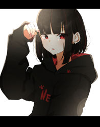 Rule 34 | 1girl, absurdres, black hair, black hoodie, commentary request, earrings, expressionless, hand up, highres, hood, hood down, hoodie, ichiki 1, jewelry, lens flare, letterboxed, long sleeves, looking at viewer, multicolored hair, nail polish, original, parted lips, red eyes, red nails, short hair, sidelocks, simple background, solo, streaked hair, stud earrings, upper body, white background