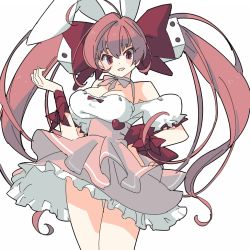 Rule 34 | 1girl, animal ears, bare shoulders, bow, breasts, rabbit ears, cleavage, di gi charat, dice, dice hair ornament, dress, hair bow, hair ornament, large breasts, long hair, pink eyes, pink hair, red eyes, ribbon, smile, solo, twintails, usada hikaru