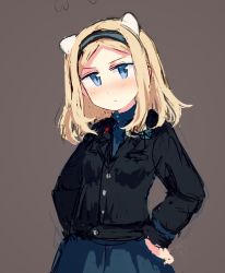 Rule 34 | 10s, 1girl, aleksandra i. pokryshkin, animal ears, bad id, bad twitter id, bear ears, blonde hair, blue eyes, blue skirt, brave witches, brown background, hairband, hands on own hips, long hair, long sleeves, military, military uniform, ohashi (hashidate), simple background, skirt, solo, strike witches, uniform, world witches series