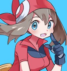 Rule 34 | 1girl, :d, bandana, blue background, blue eyes, blush, breasts, brown hair, commentary request, creatures (company), eyelashes, fangs, floating hair, game freak, gloves, hair between eyes, hyou (hyouga617), index finger raised, long hair, looking at viewer, may (pokemon), nintendo, open mouth, pokemon, pokemon rse, red bandana, red shirt, shirt, short sleeves, simple background, smile, solo, sparkle, tongue
