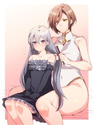 Rule 34 | 10s, 2girls, bare legs, bare shoulders, black dress, black gloves, black knight (granblue fantasy), blush, breasts, brown hair, brushing hair, clenched hands, collarbone, covered navel, dress, elbow gloves, eno yukimi, female focus, gloves, gradient background, granblue fantasy, green eyes, grey hair, hair between eyes, hair down, hair over one eye, huge breasts, legs, legs together, leotard, long hair, looking at another, multiple girls, neck, orchis, outside border, pink background, purple eyes, serious, short hair, sitting, sleeveless, sleeveless turtleneck, strapless, strapless dress, thighs, turtleneck, v-shaped eyebrows, very long hair, white leotard
