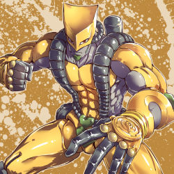 Rule 34 | 1boy, abs, clenched hand, fighting stance, fish.boy, foreshortening, heart, highres, jojo no kimyou na bouken, male focus, muscular, orange eyes, solo, splatter, stand (jojo), the world, yellow background, yellow theme
