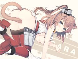 Rule 34 | 10s, 1girl, all fours, animal ears, ass, blue eyes, breasts, brown hair, cat ears, cat tail, character name, hanging breasts, highres, kantai collection, kemonomimi mode, large breasts, long hair, looking at viewer, miko (royal milk), no panties, red legwear, saratoga (kancolle), side ponytail, simple background, solo, tail, tail censor, torn clothes, underboob