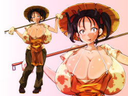 Rule 34 | 1girl, apron, black hair, breasts, cleavage, cow girl, curvy, farmer, female focus, gigantic breasts, gloves, hat, hataraki ari, hip focus, hoe, horns, original, pants, shirt, shoes, simple background, solo, standing, sukimi, twintails, wide hips, worktool, yellow eyes
