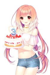 Rule 34 | 1girl, bare shoulders, blue shorts, breasts, cake, cleavage, food, fruit, heart, highres, holding, holding cake, holding food, large breasts, long hair, looking at viewer, official art, open mouth, pink shirt, selena (soccer spirits), shirahane nao, shirt, shorts, smile, soccer spirits, stomach, strawberry, transparent background