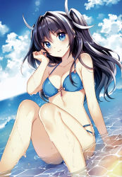 Rule 34 | 1girl, absurdres, arm support, bare shoulders, beach, bikini, black hair, blue bikini, blue eyes, blue sky, blush, breasts, cleavage, cloud, day, dutch angle, hair ribbon, tucking hair, highres, lens flare, looking at viewer, makai ni shoukan yobarete kateikyoushi, medium breasts, multi-strapped bikini bottom, nardack, ocean, outdoors, partially submerged, ribbon, saphir (makai ni shoukan yobarete kateikyoushi), scan, sitting, sky, smile, solo, sunlight, swimsuit, two side up, wet