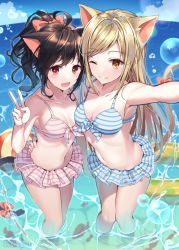 Rule 34 | 2girls, :d, ;), ahoge, animal ears, armpits, bad id, bad pixiv id, ball, bare arms, bare shoulders, beachball, bikini, bikini skirt, black hair, blue sky, blush, bow, breasts, bubble, cat ears, cat girl, cat tail, caustics, cleavage, closed mouth, cloud, collarbone, commentary, commission, day, fingernails, fish, front-tie bikini top, front-tie top, hair bow, hand up, high ponytail, horizon, innertube, light brown hair, long hair, medium breasts, multiple girls, navel, ocean, one eye closed, open mouth, orange bow, orange eyes, original, outdoors, outstretched arm, pinb, pink bow, ponytail, reaching, reaching towards viewer, red eyes, selfie, sky, smile, standing, striped bikini, striped clothes, swim ring, swimsuit, symbol-only commentary, tail, tail bow, tail ornament, tail raised, v, very long hair, wading, water