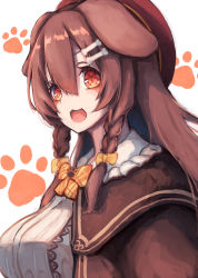 Rule 34 | 1girl, :3, :d, absurdres, animal ears, blush, bone hair ornament, braid, breasts, brown eyes, brown hair, cape, dog ears, frilled shirt, frilled shirt collar, frills, from side, hair between eyes, hair ornament, hairclip, highres, hololive, inre kemomimi, inugami korone, inugami korone (street), large breasts, long hair, looking at viewer, open mouth, paw print, paw print background, shirt, side braids, smile, solo, twintails, upper body, virtual youtuber, white background, white shirt