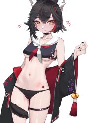 Rule 34 | 1girl, @ @, absurdres, animal ear fluff, animal ears, arm up, bell, bikini, black bikini, black hair, black nails, black serafuku, blush, bow, breasts, collarbone, commentary, cowboy shot, crop top, eyeshadow, fingernails, heart, highres, hololive, jacket, jacket partially removed, kkato, looking at viewer, makeup, medium breasts, multicolored hair, multicolored neckerchief, nail polish, navel, neckerchief, ookami mio, open mouth, red eyeshadow, red hair, sailor collar, school uniform, serafuku, short hair, simple background, solo, standing, streaked hair, swimsuit, tail, tail around own leg, tail wrap, thigh strap, two-tone hair, two-tone hoodie, virtual youtuber, white background, white sailor collar, wide sleeves, wolf ears, wolf girl, wolf tail, yellow eyes