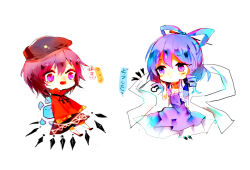 Rule 34 | 2girls, black headwear, black ribbon, blue dress, blue hair, blush, cabbie hat, cerevevisiae, chibi, closed mouth, collared vest, commentary request, dress, drill hair, drill sidelocks, full body, hagoromo, hair ornament, hair rings, hair stick, hat, heart, jiangshi, kaku seiga, long dress, long sleeves, looking at another, miyako yoshika, multiple girls, neck ribbon, open clothes, open mouth, open vest, purple eyes, purple hair, red shirt, ribbon, shawl, shirt, short hair, short sleeves, sidelocks, simple background, smile, touhou, translation request, vest, white background, white vest