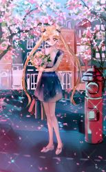 Rule 34 | 1girl, ahma, bishoujo senshi sailor moon, blonde hair, blue bow, blue skirt, bouquet, bow, cherry blossoms, commentary request, day, double bun, flower, full body, hair bow, hair bun, highres, holding, long hair, long sleeves, looking at viewer, outdoors, parted bangs, purple eyes, shirt, shoes, skirt, smile, solo, standing, stone lantern, suspender skirt, suspenders, tree, tsukino usagi, twintails, very long hair, white footwear, white shirt