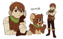 Rule 34 | 1boy, annoyed, armor, boots, brown footwear, brown gloves, brown pants, chilchuck tims, color connection, crossed arms, dungeon meshi, fingerless gloves, frown, gloves, green scarf, halfling, hand on own cheek, hand on own face, hand up, head rest, holding, holding stick, jerry (tom and jerry), jo4hedan, knee boots, korean commentary, korean text, leather armor, looking ahead, male focus, mouse (animal), multiple views, pants, scarf, shirt, short hair, simple background, sketch, sleeves rolled up, standing, stick, swept bangs, tom and jerry, white shirt, wings