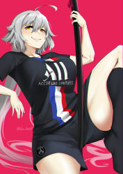 Rule 34 | 1girl, absurdly long hair, ahoge, black shorts, black socks, blush, breasts, commentary, english commentary, fate/grand order, fate (series), french flag, highres, huge ahoge, jeanne d&#039;arc (fate), jeanne d&#039;arc alter (avenger) (fate), jeanne d&#039;arc alter (fate), katana, large breasts, leg up, lips, long hair, lulu-chan92, no shoes, paris saint-germain, pink background, print shirt, scabbard, sheath, sheathed, shirt, shorts, silver hair, smile, soccer uniform, socks, solo, sportswear, sword, t-shirt, thick thighs, thighs, twitter username, very long hair, weapon, yellow eyes