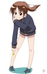 Rule 34 | 1girl, bare legs, female focus, full body, jacket, long sleeves, naked jacket, saki (manga), simple background, solo, takakamo shizuno, track jacket, white background
