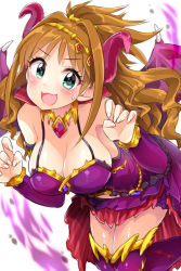 Rule 34 | 10s, 1girl, alternate costume, bare shoulders, blush, bow, breasts, brown hair, cleavage, detached sleeves, fake horns, fake wings, green eyes, hair bow, hairband, high ponytail, hino akane (idolmaster), horns, idolmaster, idolmaster cinderella girls, long hair, looking at viewer, medium breasts, open mouth, paw pose, ponytail, smile, solo, thighhighs, trente, wings