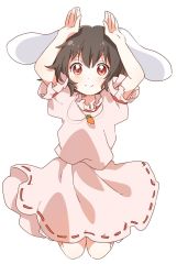 Rule 34 | 1girl, animal ears, arms up, black hair, blush, carrot necklace, closed mouth, commentary request, dress, floppy ears, frilled dress, frilled sleeves, frills, full body, highres, inaba tewi, jewelry, jumping, looking at viewer, necklace, pendant, pink dress, rabbit ears, ribbon-trimmed dress, sasaki sakiko, short hair, simple background, smile, solo, touhou, white background